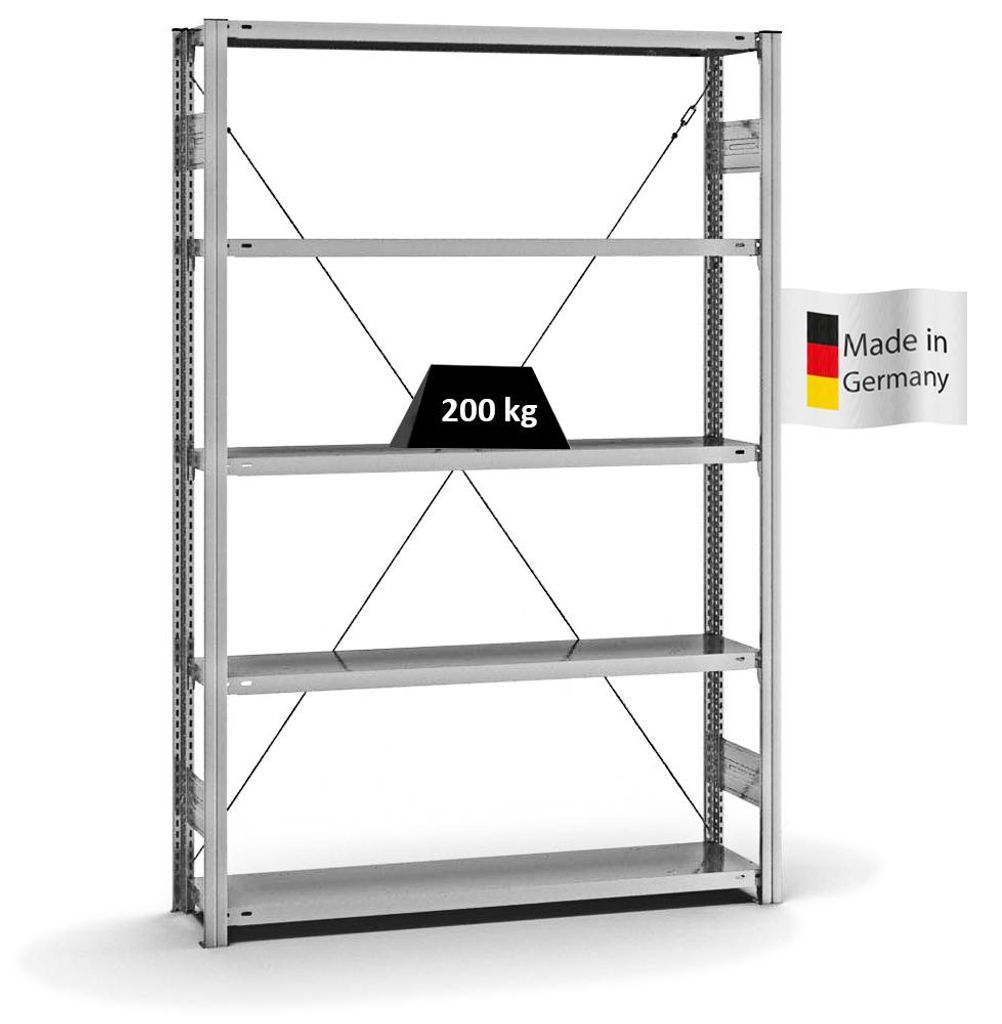 PROREGAL Fachbodenregal Stecksystem MAGNUS Germany | HxBxT 200x130x30cm | 5 Ebenen | Fachlast 200 kg | Einseitig nutzbar | Verzinkt