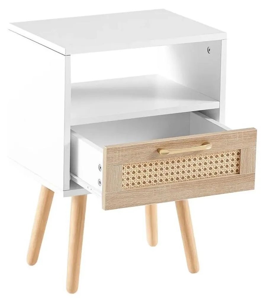 Table de nuit bicolore blanc et naturel avec niche de rangement spacieuse