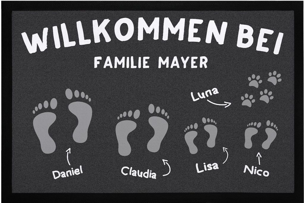 Fußmatte Willkomen bei Familie und Wunschname Fußabdrücke personalisierbar rutschfest & waschbar SpecialMe weiß 60x40cm