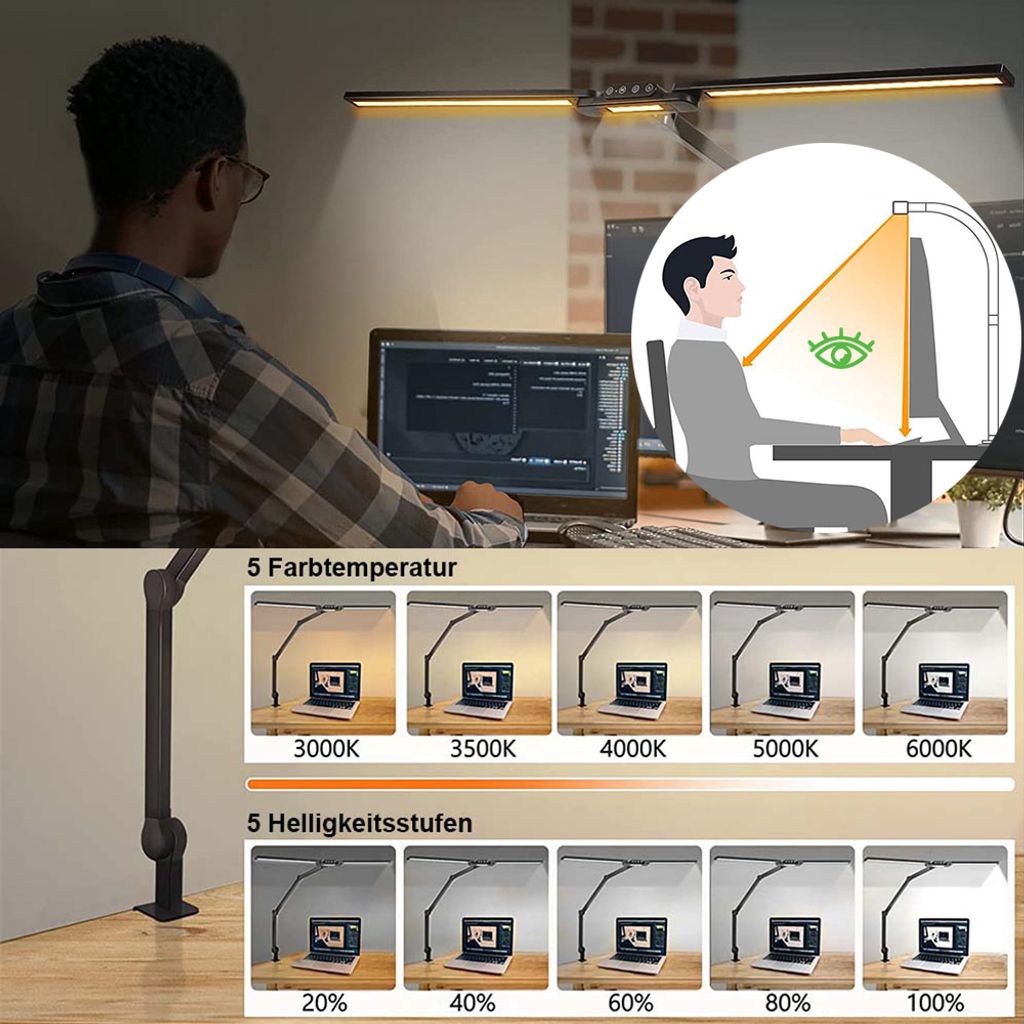 GAEFURY Schreibtischlampe LED Dimmbar - Doppelkopf Bürolampe Mit Schwanenhals