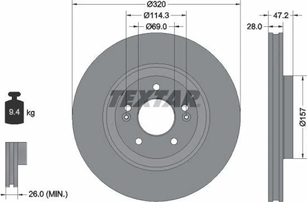 Disque de frein ventilé TEXTAR haute performance pour axe avant