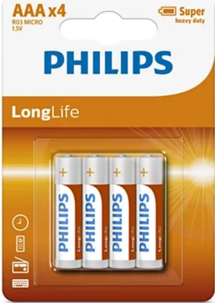 Lot de 4 Piles LR03 AAA Philips LongLife 1.5V pour Télécommande et Horloge