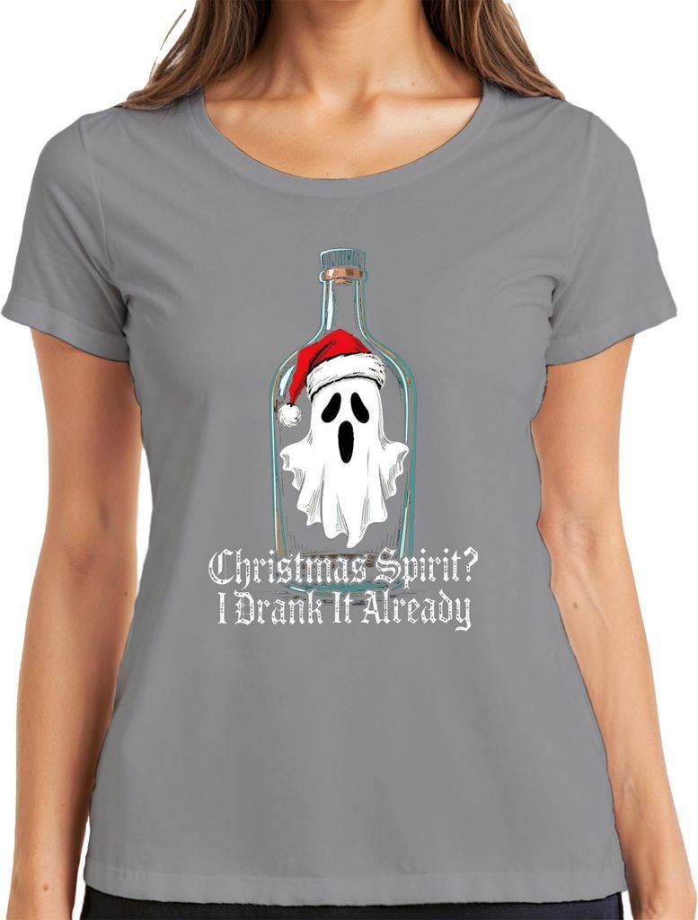 Christmas Spirit I Drank It Already Ghost Bottle Santa Hat Funny Damen T-Shirt, Grau, XL