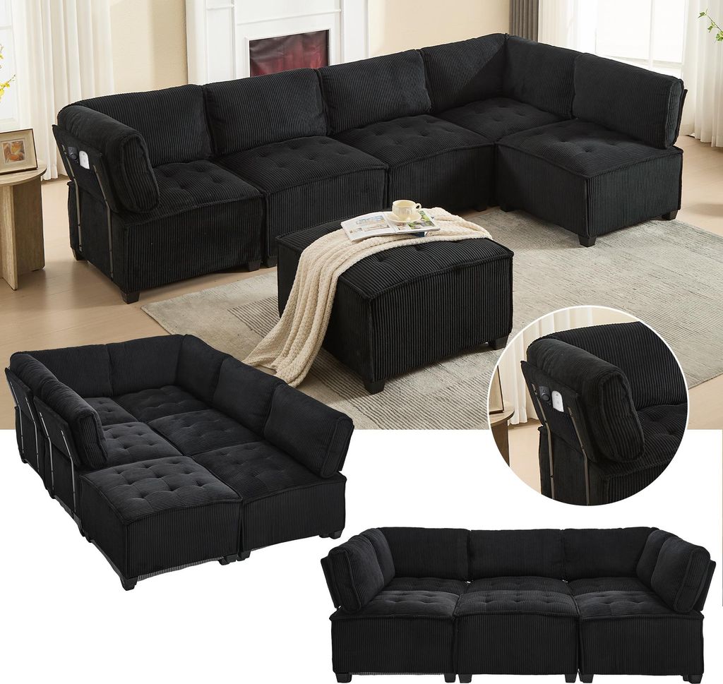 308 cm Langes Sofa Modulares 6-Sitzer-Sofa, Cordstoff, ergonomisch, Stauraumtaschen, flexibel kombinierbar als U-Form/L-Form/Schlafsofa, stabile Ho...