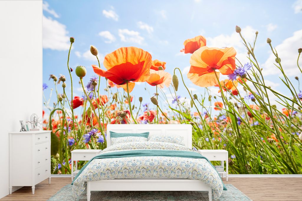 MuchoWow Fototapete für Wohnzimmer oder Schlafzimmer Wandtapete Vinyl Motivtapete Blumen - Mohn - Frühling - Natur - Rot - Blau - 600x400 cm - ...