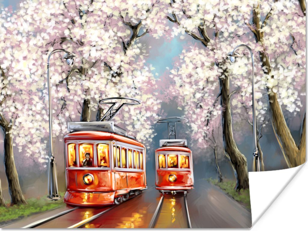 MuchoWow Poster Gemälde - Ölgemälde - Straßenbahn - Blühender Baum 80x60 cm - Kunst für zu Hause