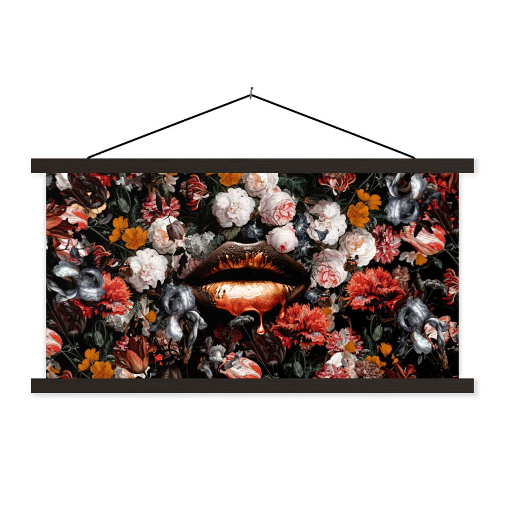 MuchoWow Textilposter Lippen - Blumen - Farbe - Orange - Kunst - Abstrakt - Alte Meister 90x45 cm mit schwarzem Rahmen - Klemmleisten