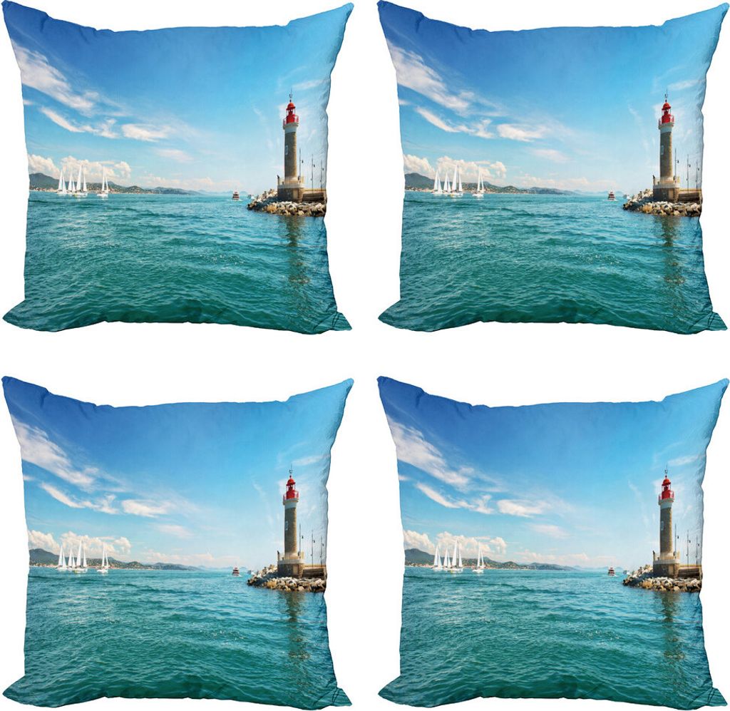 ABAKUHAUS Leuchtturm Kissenbezug Set (4 Stück), Sonniger Tag am Meer, Moderner Doppelseitiger Digitaldruck, 50 cm x 50 cm, Mehrfarbig