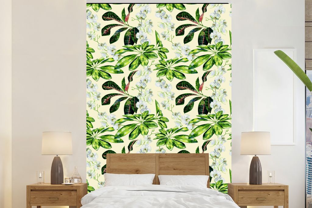 MuchoWow Fototapete für Wohnzimmer oder Schlafzimmer Wandtapete Vinyl Motivtapete Orchidee - Blumen - Blätter - 170x260 cm - Wohnzimmertapete