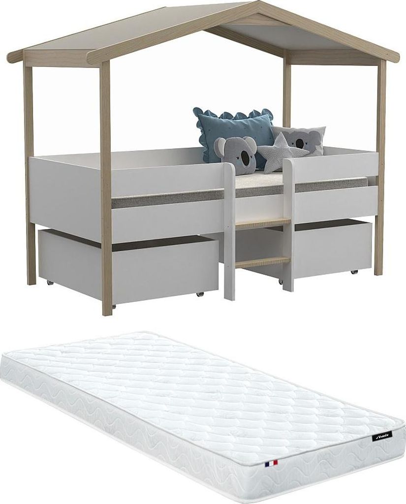 SAROSI Bett in Hüttenform mit Schubladen - 90 × 190 cm - Lindenholz - weiß und Eiche, komplett mit Matratze