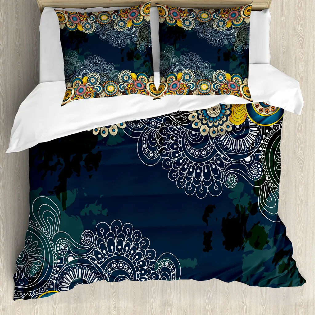 ABAKUHAUS Copripiumino psichedelico, Mandala Paisley, antiacaro, adatto a chi soffre di allergie, con federe, 155 cm x 220 cm - 80 x 80 cm, blu giallo