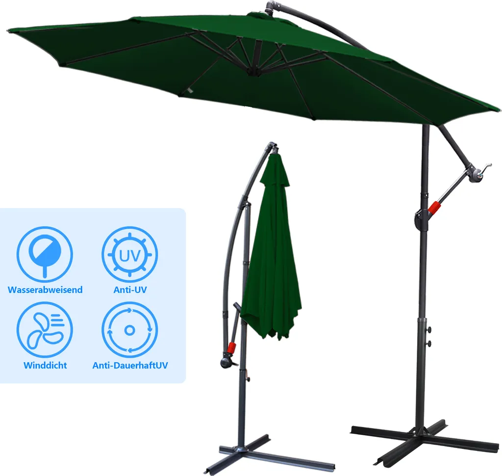 Yakimz Ombrellone 300cm Verde - Ombrellone da Giardino UV30+ Palo Girevole