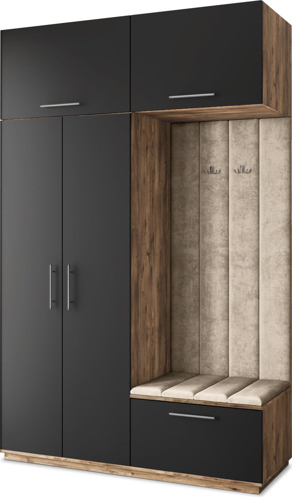 Masseno Garderobe-Set REMA 150/240/60 cm Modern Garderobenschrank Eiche Lefkas, Veloursstoff MONOLITH 04 (Beige)