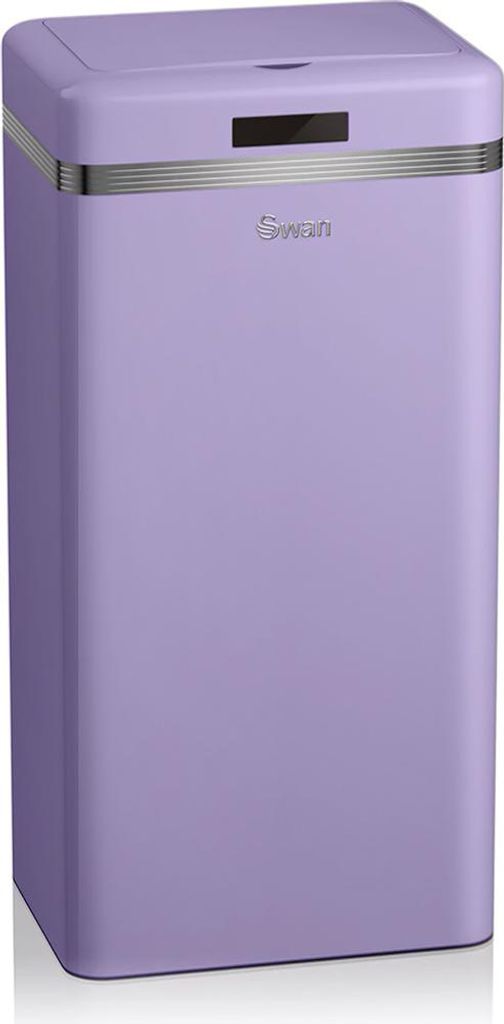 A lavender retro-style trash can with a silver band and a small black sensor panel on the front.