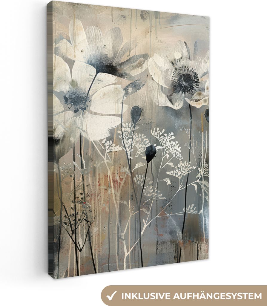 MuchoWow - Leinwandbilder - Blumen - Pflanzen - Grau - Abstrakt, Wandbild, Wanddeko Bilder Wohnzimmer, 60x90 cm