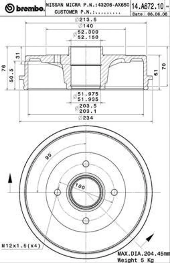 Tambour de frein arrière compatible Nissan Micra 3 et Note E11 - Brembo