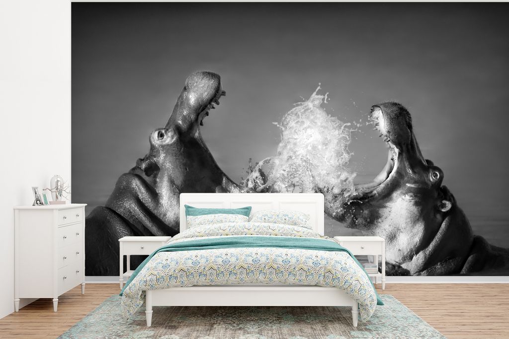 MuchoWow Fototapete für Wohnzimmer oder Schlafzimmer Wandtapete Vinyl Motivtapete Tiere - Nilpferd - Wasser - Schwarz - Weiß - 320x240 cm - Tap...