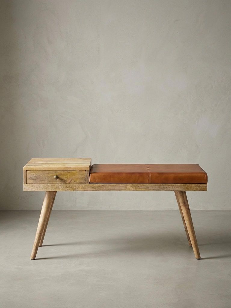 Sitzbank Ziegenleder / Massivholz Bank 100x52x38 cm im Retro Stil, Flur Polsterbank mit Stauraum, Gepolsterte Lederbank Aufbewahrung Braun, Kleine ...