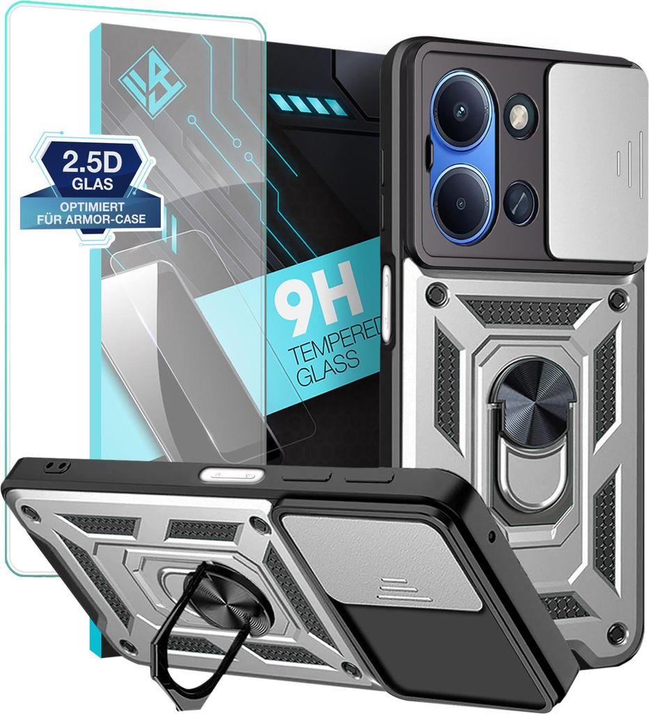 Armor Handyhülle für Xiaomi Redmi 15C mit 9H Displayglas Displayschutz Kameraschutz Handy Panzer Case Cover Schutzhülle Outdoor Farbe: Silber