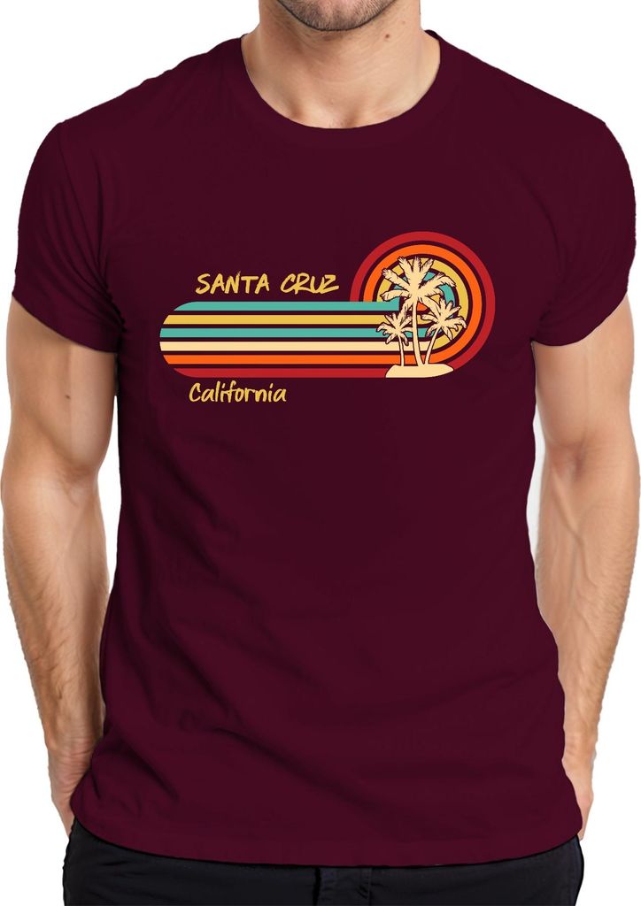 Santa Cruz California Retro Palmen Sonnenuntergang Strand Surfer Herren T-Shirt, Burgundy, S