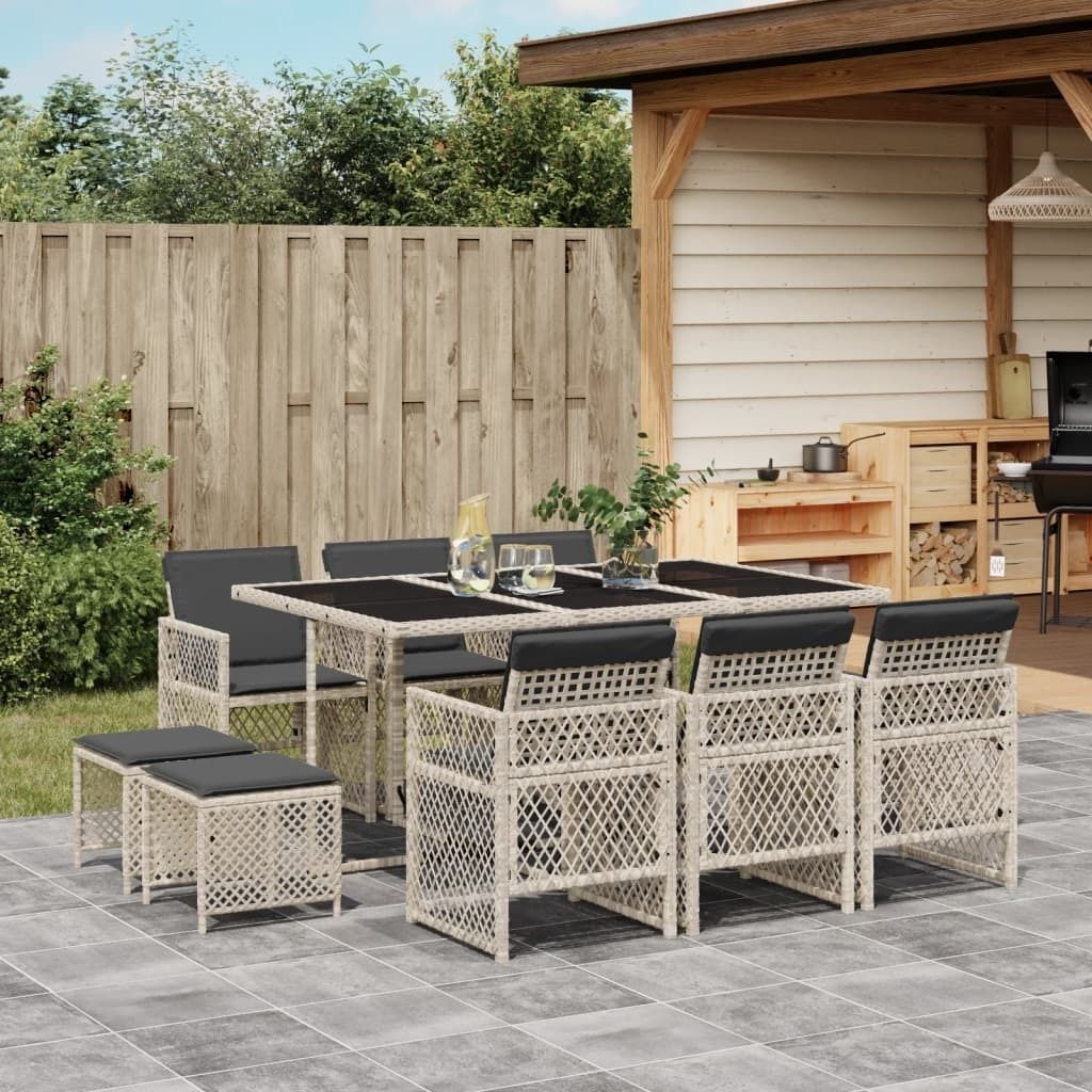 Maison Exclusive - 11-tlg. Garten-Essgruppe mit Kissen Hellgrau Poly Rattan