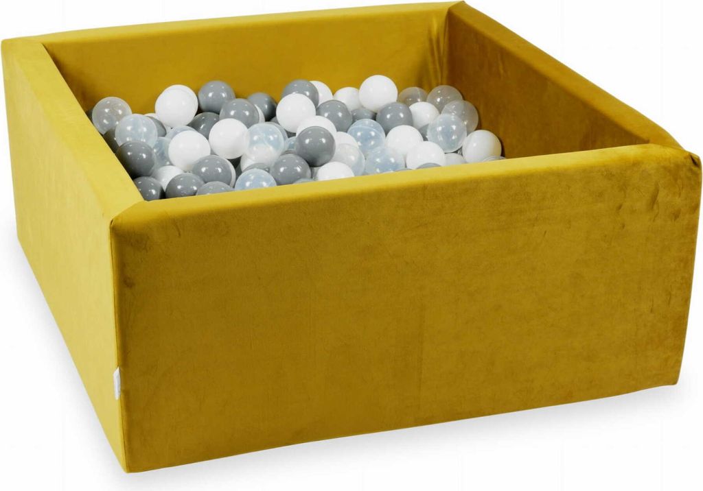Bällebad 90x90x40 Samt Gold – Mit 400 Bällen / weiß, grau, transparent
