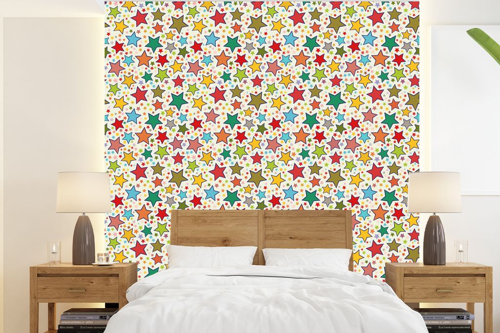 MuchoWow Fototapete für Wohnzimmer oder Schlafzimmer Wandtapete Vinyl Motivtapete Muster - Sterne - Farben - Kinder - Kinder - 240x260 cm - Tape...