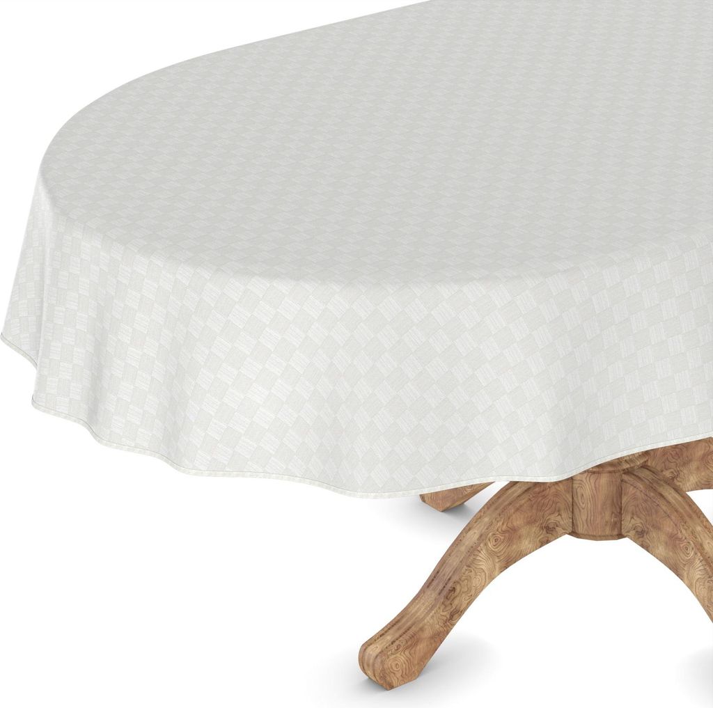 Tischdecke Wachstuchtischdecke Gartentischdecke Wachstischdecke Retro Weiß Wasserabweisend Oval Breite 140 cm Länge 160 cm mit Paspelband