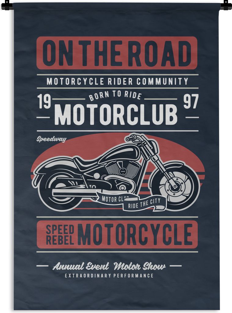 MuchoWow Wandteppich Wandbehang Motorrad - Retro - Briefe - Schwarz 90x135 cm Tapisserie Dekoration Wandtuch - Baumwolle - Wandskulptur