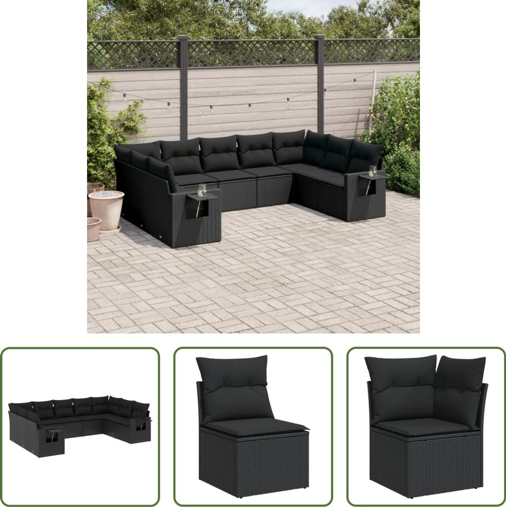 The Living Store 9-tlg. Garten-Sofagarnitur mit Kissen Schwarz Poly Rattan