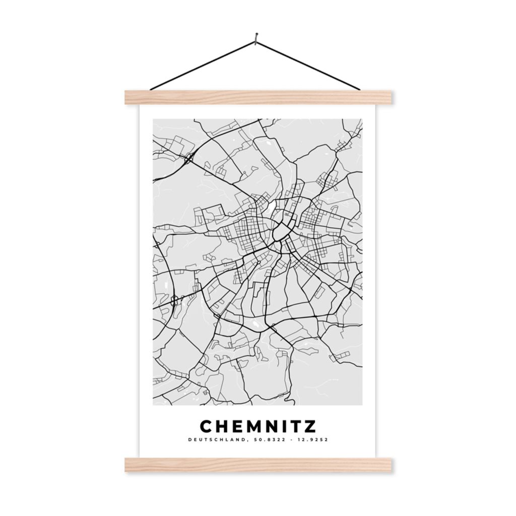 MuchoWow Textilposter Stadtplan - Deutschland - Chemnitz - Karte 120x180 cm mit holzfarbenen Rahmen - Textil-Plakat