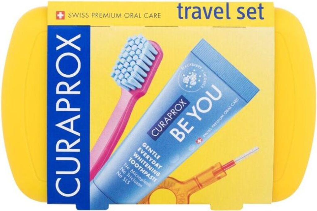 Curaprox Reise-Zahnpflegeset Gelb mit Zahnbürste und Produktbild 