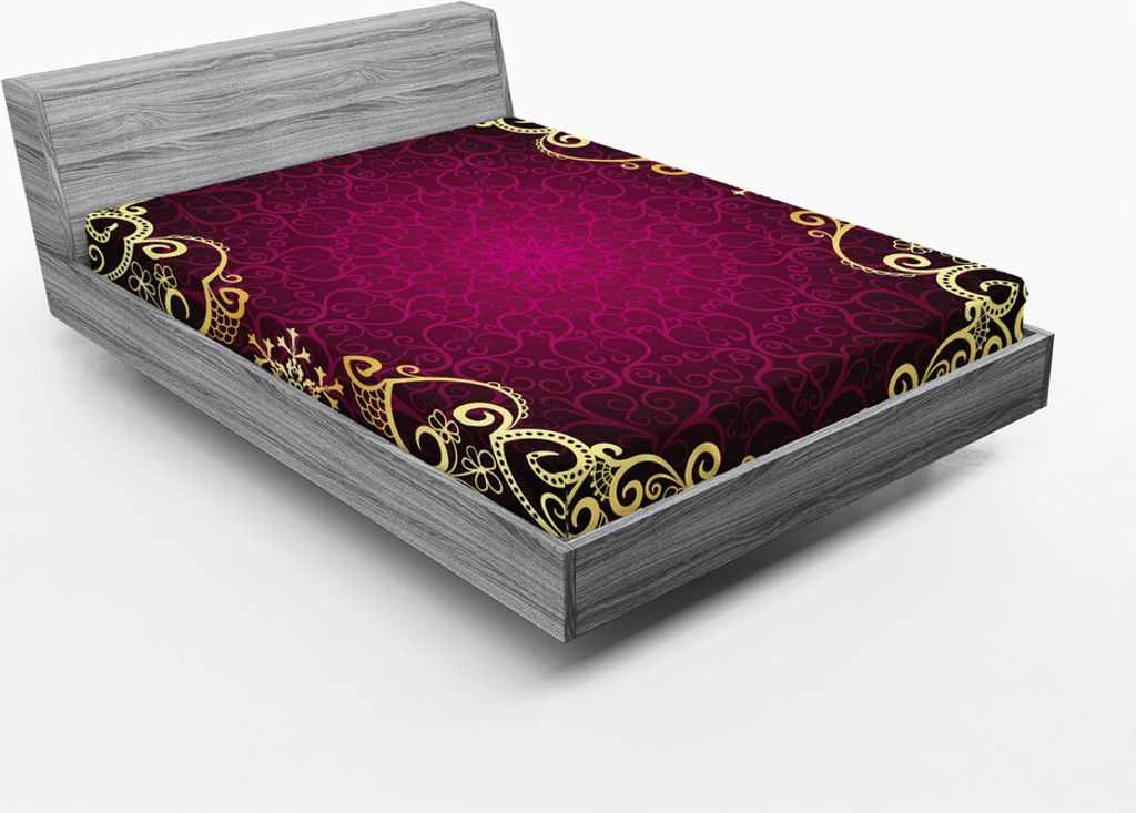 ABAKUHAUS Mandala Spannbetttuch, Vintage-Rahmen mit Locken Schneeflocke Motive fantastische abstrakte Retro, 180 x 200 cm, Hellgelb Fuchsienfarben