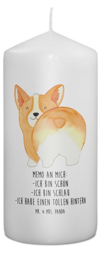 Mr. & Mrs. Panda Kerze Corgi Po 15 x 7 cm - Weiß - Geschenk, Hund, Positiv, Bedruckte, Achtsamkeit, Erinnerungskerze, Blockkerze, Erinnerungslicht...