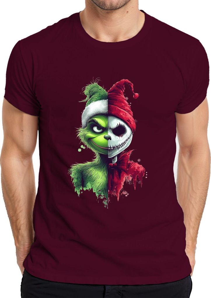 Grinch Skelett Halb Gesicht grün Weihnachten Horror düster Herren T-Shirt, Burgundy, XL