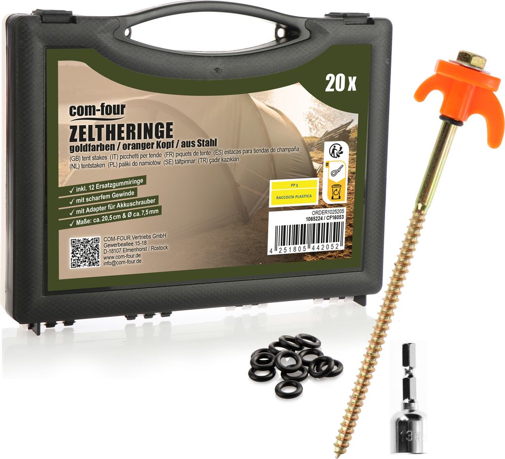com-four 20x Zeltheringe, robuste Stahl-Heringe mit Gewinde und Seil-Halterung, Felsboden-Erdnägel für Camping, Box mit Zelthaken für harten B...