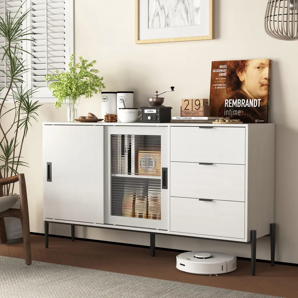 okwish Buffet blanc 3 tiroirs et console 2 portes en verre strié 160 lb