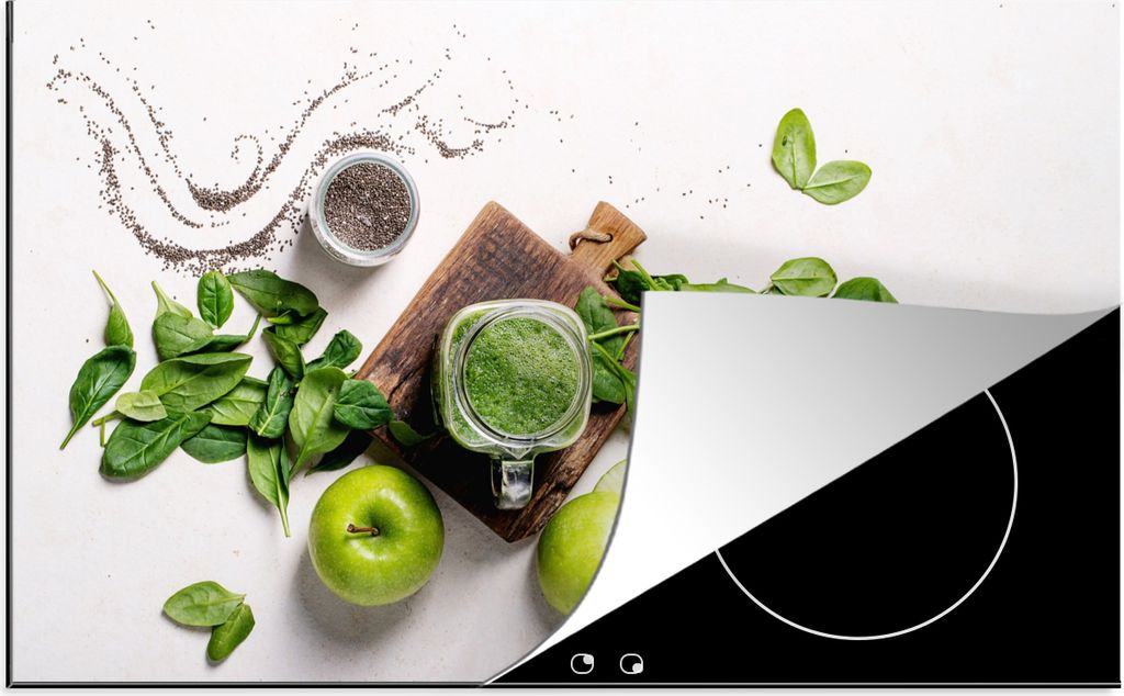 KitchenYeah Herdabdeckplatte Kräuter - Apfel - Smoothie , 91x52cm, Küche Deko, Glaskeramikfeld Herdabdeckung, Abdeckplatte fùr Kochfeld