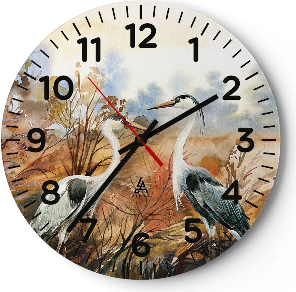 Wanduhr - Rund - Glasuhr - Kraniche Vögel Herbst - 30x30cm - Schleichendes Uhrwerk - Lautlos - zum Aufhängen bereit - Dekoration Modern - Wanddek...