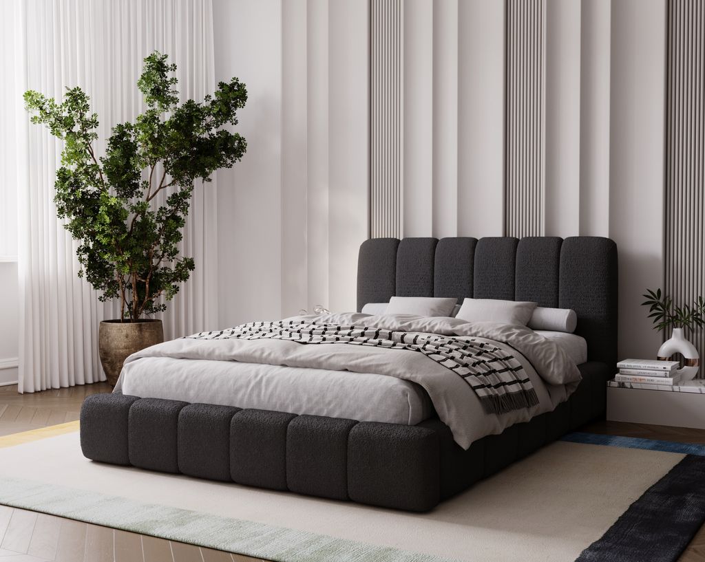 Polsterbett 200x200 Milan - Doppelbett mit Bettkasten, Bett mit Kopfteil - Boucle, Schwarz