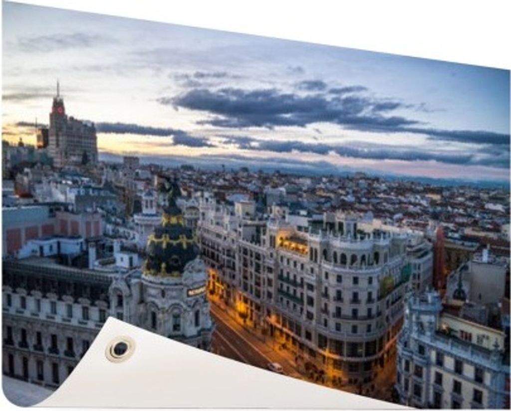 MuchoWow 120x90 cm Outdoor-Poster Gartendeko Sichtschutz Garten Poster für den Garten Madrid - Sonne - Architektur