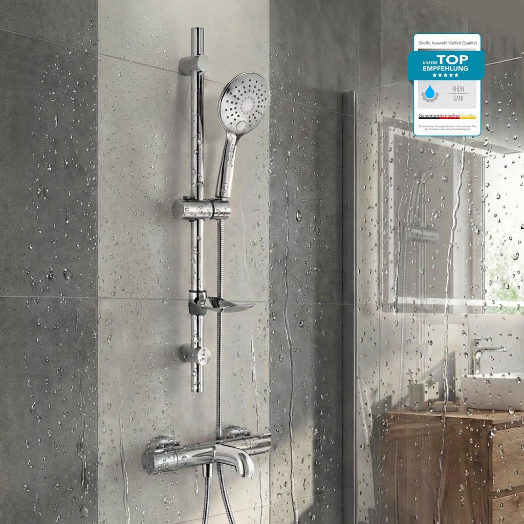 Hansgrohe Wannenarmatur Ecostat 1001 CL, Duschsystem mit Handbrause oder Regendusche, Sicherheitssperre 40°, Wannenthermostat mit Eco-Funktion Chrom