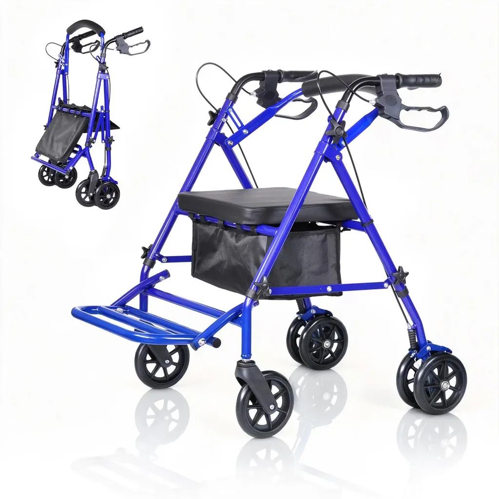 Déambulateur 2-en-1 pliable bleu : sécurité et confort de marche