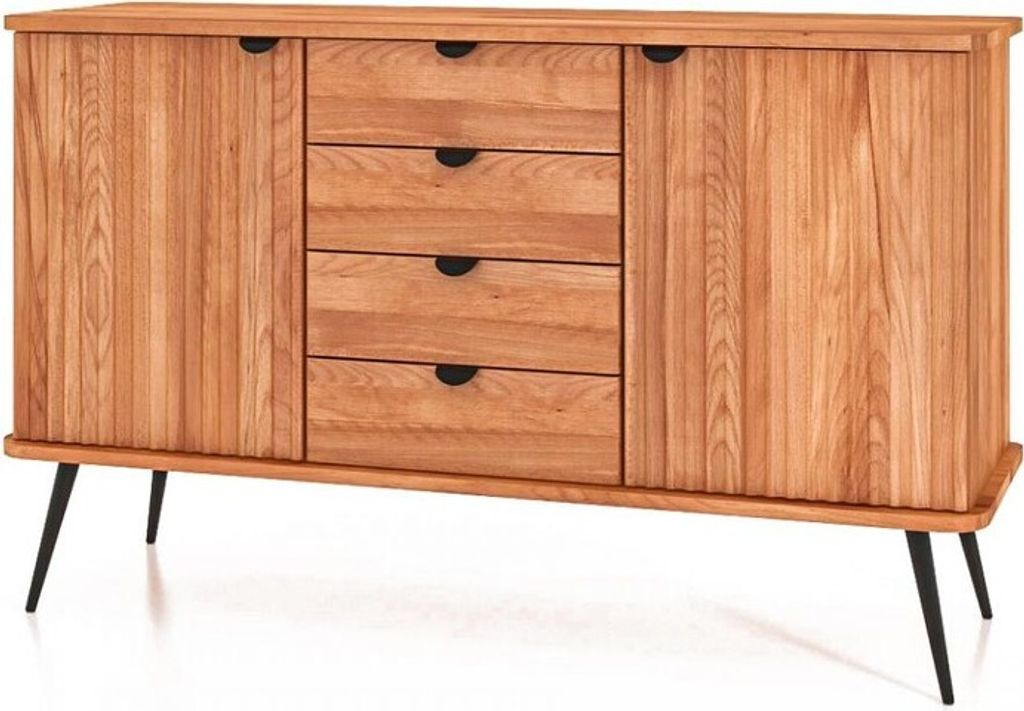 Kommode Tula Kernbuche massiv 144x46x87 mit 4 Schubladen 2 Türen Riffelfront