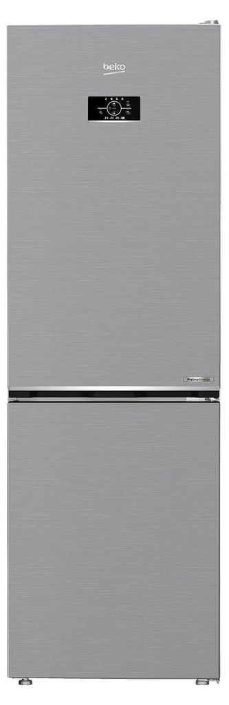 A front view of a silver Beko refrigerator-freezer combination.