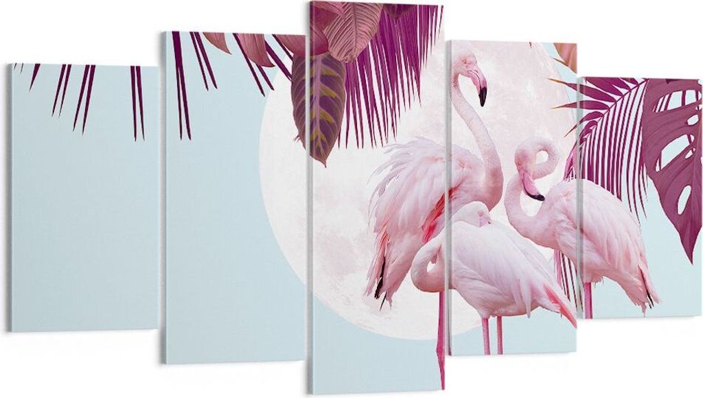 Bild auf Leinwand - Leinwandbild - 5 Teile - Flamingos Palmen Mond - 160x85cm - Wand Bild - Wanddeko - Wandbilder - Leinwanddruck - Bilder - Wandde...