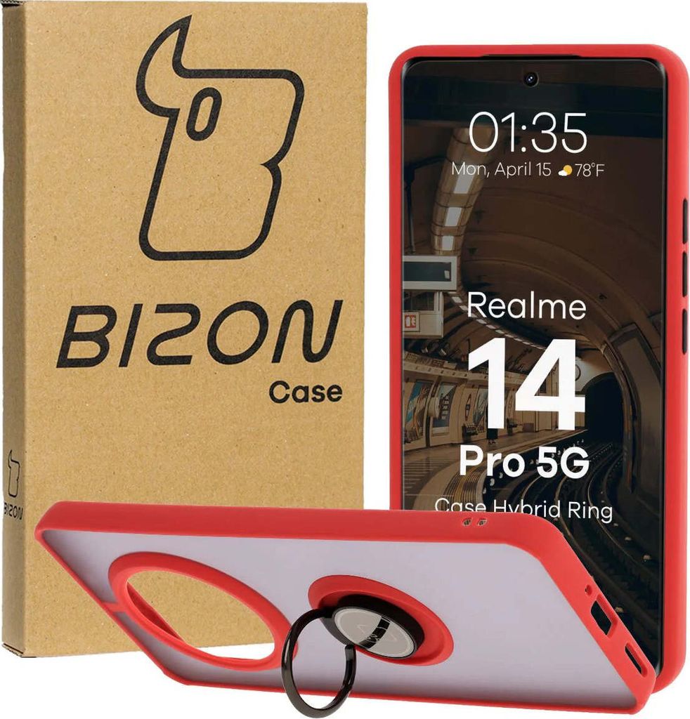 Handyhülle mit Fingergriff für Realme 14 Pro 5G, Bizon Case Hybrid Ring, getönt mit rotem Rahmen