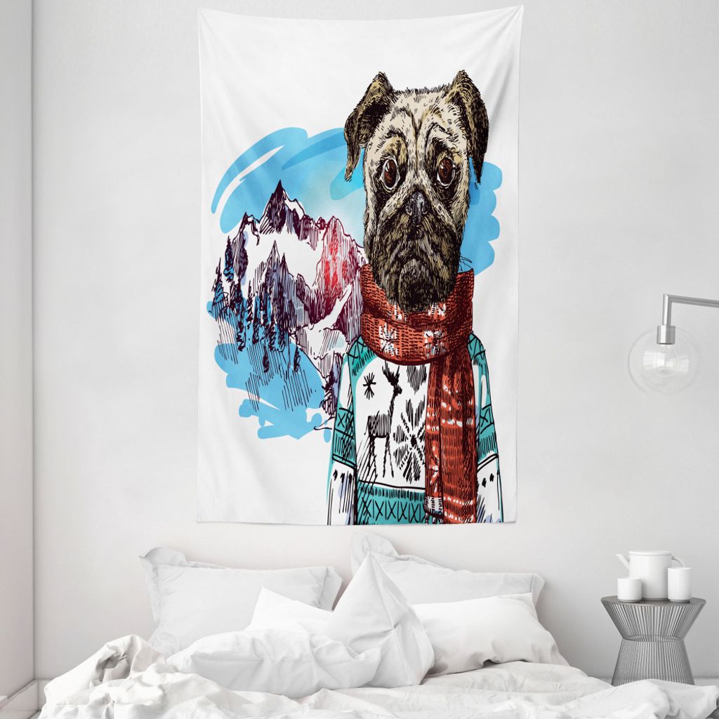 ABAKUHAUS Mops Wandteppich und Tagesdecke, Sketch Stil Dog Doodle aus Weiches Mikrofaser Stoff Waschbar ohne Verblassen Digitaldruck, 140 x 230 cm,...