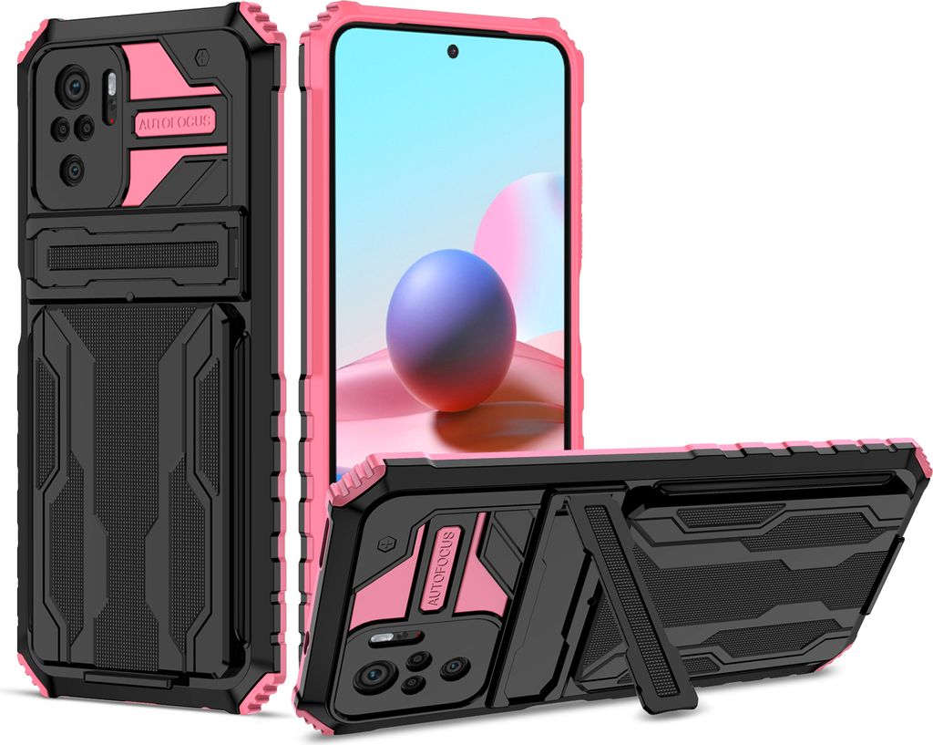 Redmi Note 10 4G Hülle, Hybrid Robust Schutz Stoßfest Schutzhülle mit Kartenhalter Ständer für Xiaomi Redmi Note 10 4G / Note 10S Rosa