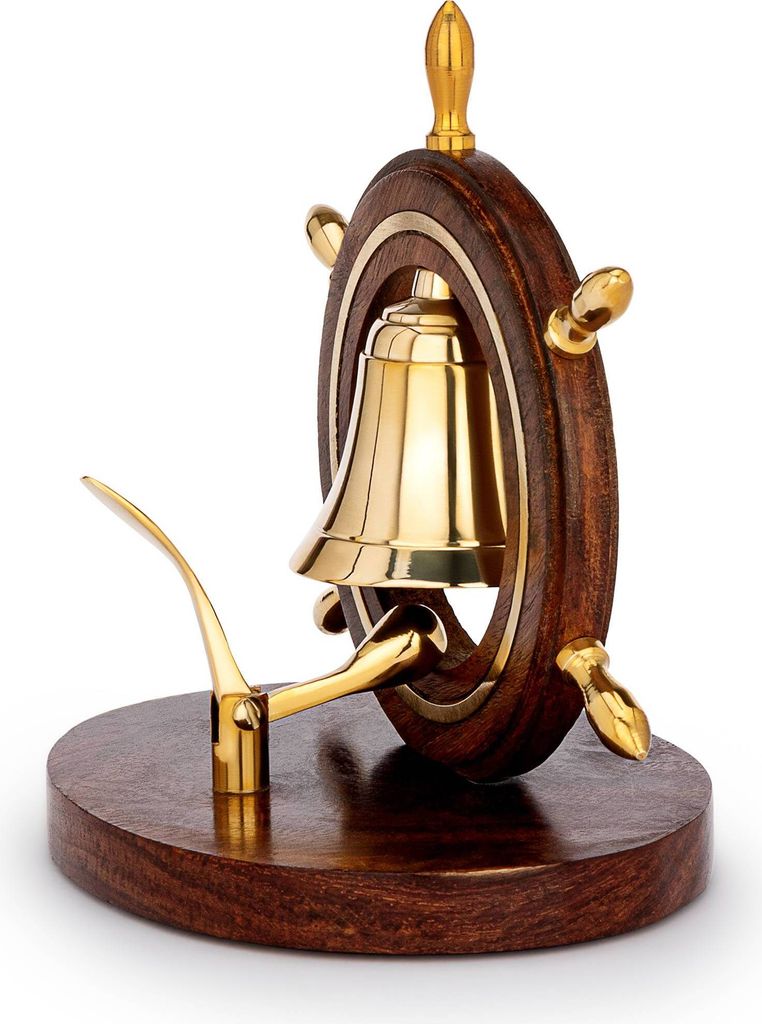 Maritim Tischglocke im Steuerrad 12,5x10x13cm aus Messing und Holzgriff Deko